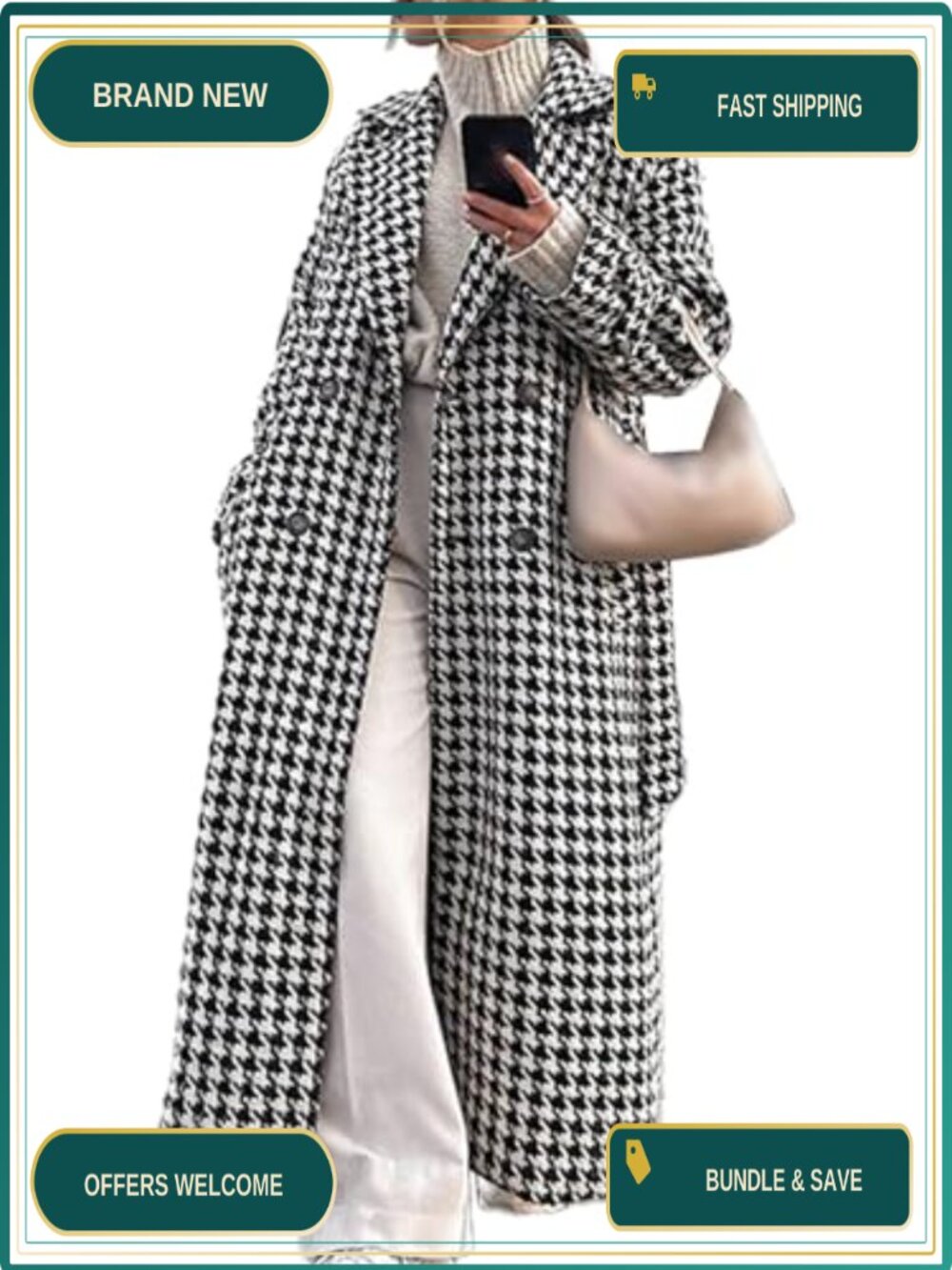 Wool Blend Houndstooth Double Breasted Trench Coat with Belt Loose Fit Notch